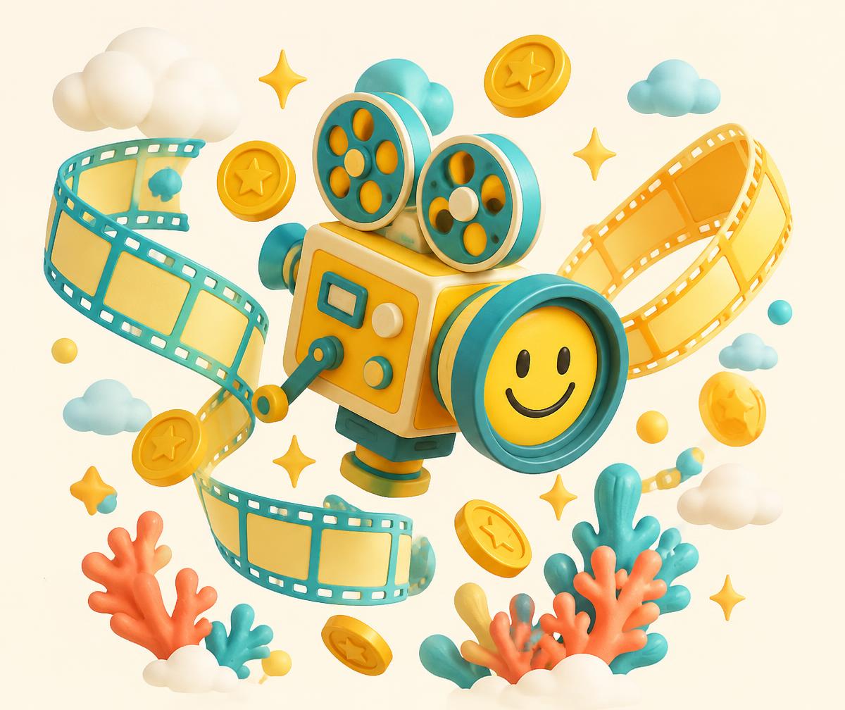 Smiling cartoon film camera with coins and film strips